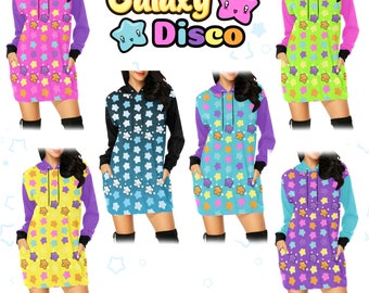 All Over Rainbow Stars Hoodie Dress, Kawaii Clothes, Oversized Harajuku Sweater, Celestial Dress, 80s Clothing, Decora Fashion