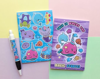 Sea Creatures Notebook & Pen Set, Kawaii Stationery, A6 Size Ruled Journals, Cute Anime, Back to School Supplies