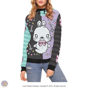 Moletom com capuz de coelho fantasma, roupas góticas pastel, moletom com estampa completa, camisa colorida, suéter Harajuku, roupas Yami Kawaii, presentes de coelho