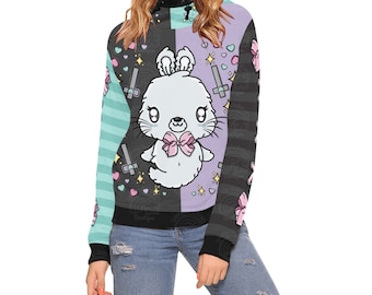 Felpa con cappuccio Ghost Bunny, abbigliamento Goth pastello, felpa con stampa all over, camicia a blocchi di colore, maglione Harajuku, vestiti Yami Kawaii, regali di coniglio