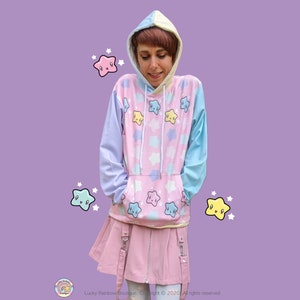 Pastel Pink Star Pullover Hoodie, Colour Block Rainbow Sweater, Kidcore Clothing, Harajuku Sweatshirt, 80s Aesthetic, Yume Kawaii, Fairy Kei