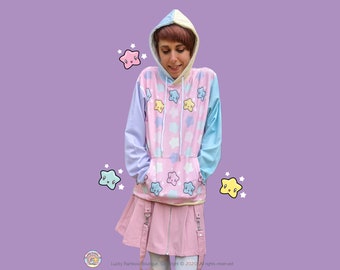 Pastel Pink Star Pullover Hoodie, Colour Block Rainbow Sweater, Kidcore Clothing, Harajuku Sweatshirt, 80s Aesthetic, Yume Kawaii, Fairy Kei