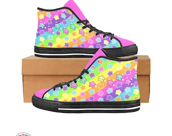 Rainbow & Stars High Top Sneakers, Y2K Clothing, Lace Up Canvas Trainers, kidcore Clothes, Student Casusal Shoes, Xmas Gift for Friends