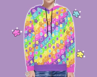 Rainbow Stripes & Stars Hoodie, Harajuku Clothing, Kidcore Sweater, Colour Block Sweatshirt, Y2K Hoodies, Jumper Colourful, Decora Kei