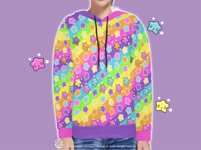 Rainbow Stripes and Stars All Over Print Hoodie for Adults. Features a Half Bright Pink, Half Bright Purple Hood, Bright Pink Sleeve Cuffs and Bright Purple Waist Band.