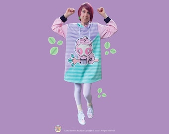 Sudadera extragrande de perezoso rosa, vestido de suéter de perezoso, sudadera con capucha con estampado completo, ropa en colores pastel, camisa de anime, sudadera con capucha de bloque de color, Yume Kawaii