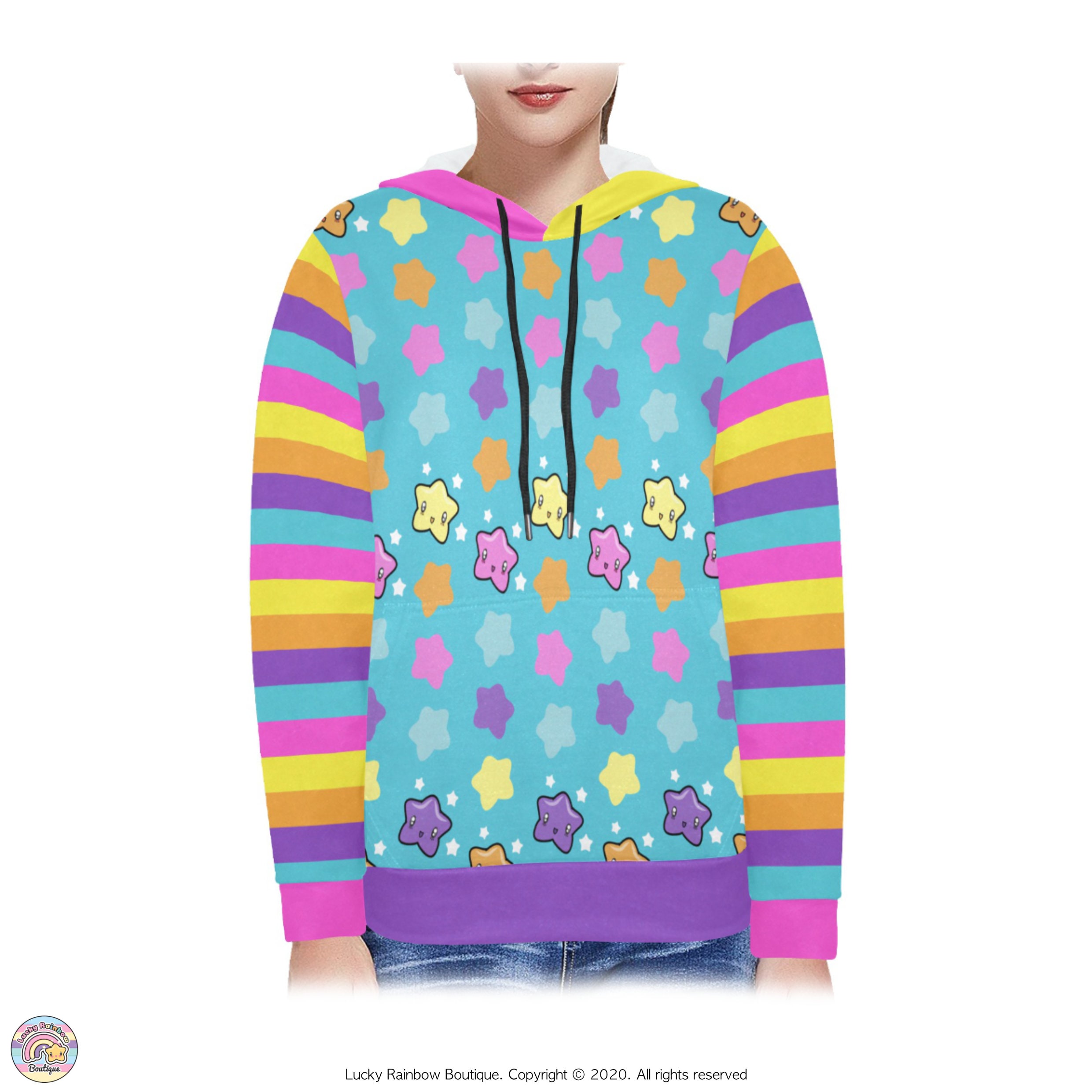 Bright Green All Over Star Hoodie, Kidcore Clothes, Rainbow