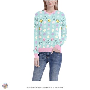 Pastel Mint V Neck Knit Jumper with Pastel Pink Neckline, Sleeve and Waist Cuffs