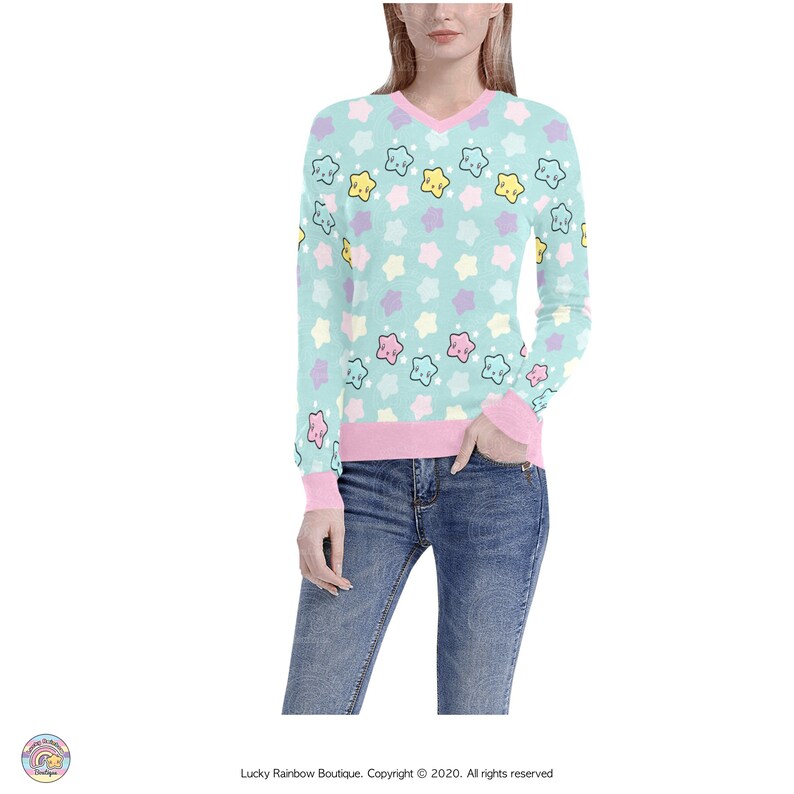 Pastel Mint V Neck Knit Jumper with Pastel Pink Neckline, Sleeve and Waist Cuffs