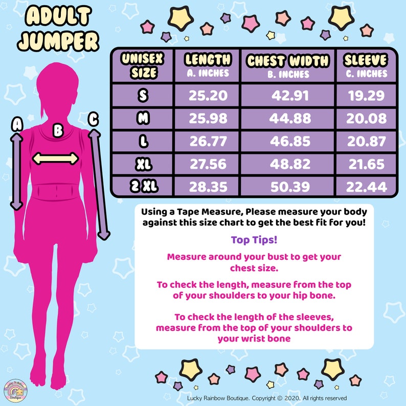 Adult V-Neck Jumper Size Chart. Lucky Rainbow Boutique