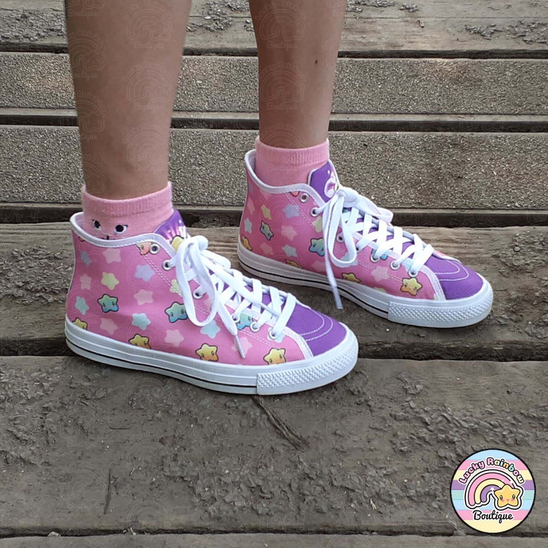 Pastel Rainbow High Top Canvas Sneakers, Kawaii Shoes, Fairy Kei Clothing, Rainbows and Stars Hi Top Trainers, Pastel Goth Clothes image 8