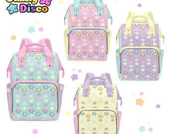 Pastel Rainbow Star Multifunctional Backpack, Fairy Kei Bag, Weekend Bag, Nappy Bag, Yume Kawaii Accessories, Vegan Canvas Rucksack