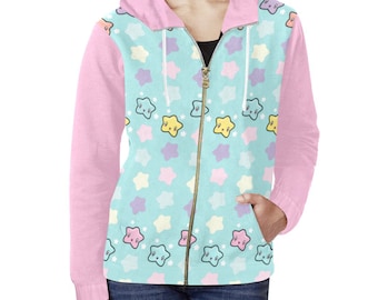 Pink Star Hoodie, Pastel Rainbow Stars Sweater, Zip up