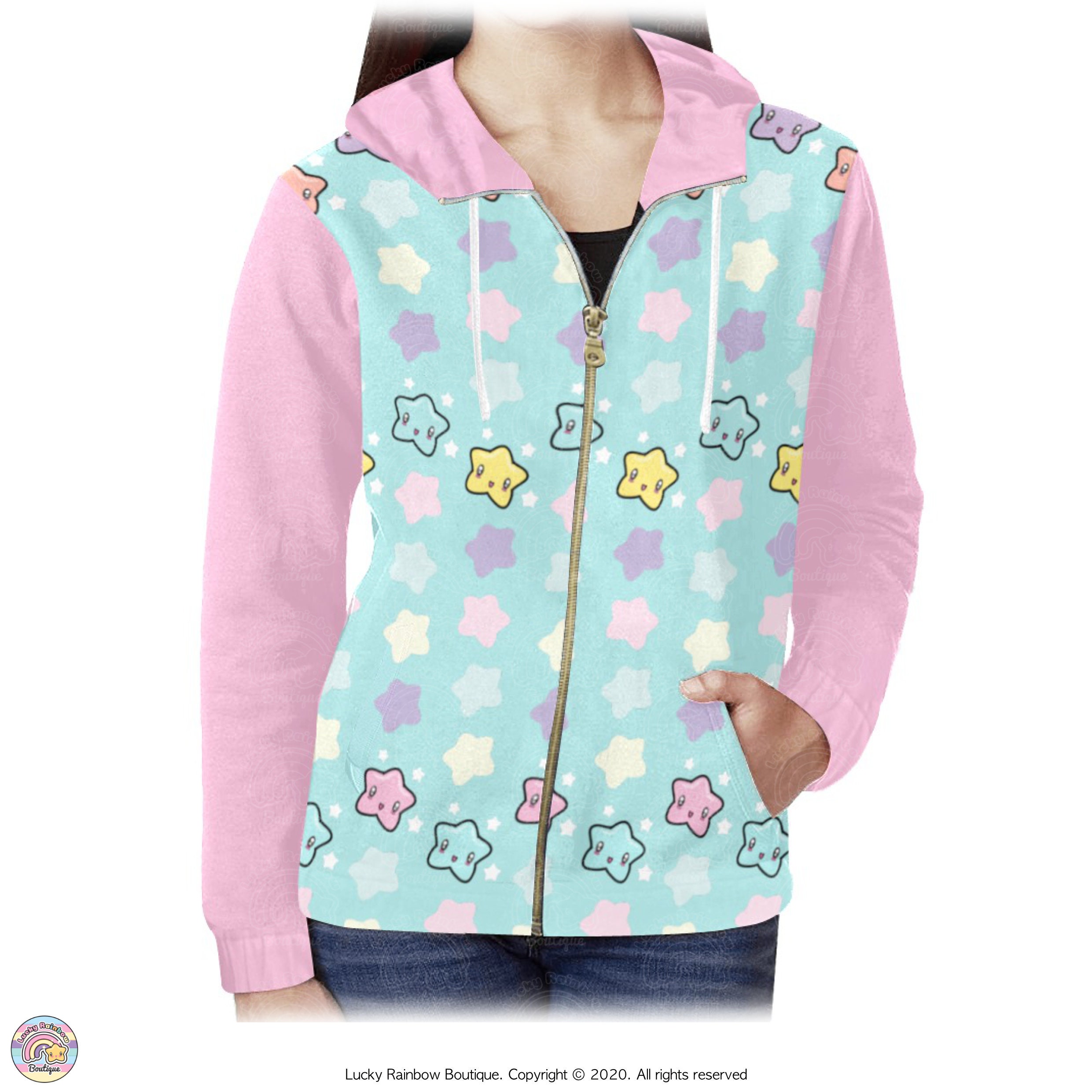 Pink Star Hoodie, Pastel Rainbow Stars Sweater, Zip up