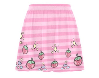 Cute Strawberry Skater Skirt, Kawaii Clothing, Pastel Pink Circle Skirt Dress, Summer Festival Outfit, Stars and Hearts, Harajuku Fashion