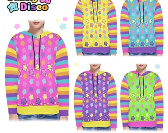 Bright Rainbow Star Hoodie, Stars and Stripes Harajuku Sweater, Kawaii Clothing, Colour Block Decora Kei Sweatshirt, Kidcore Clothes