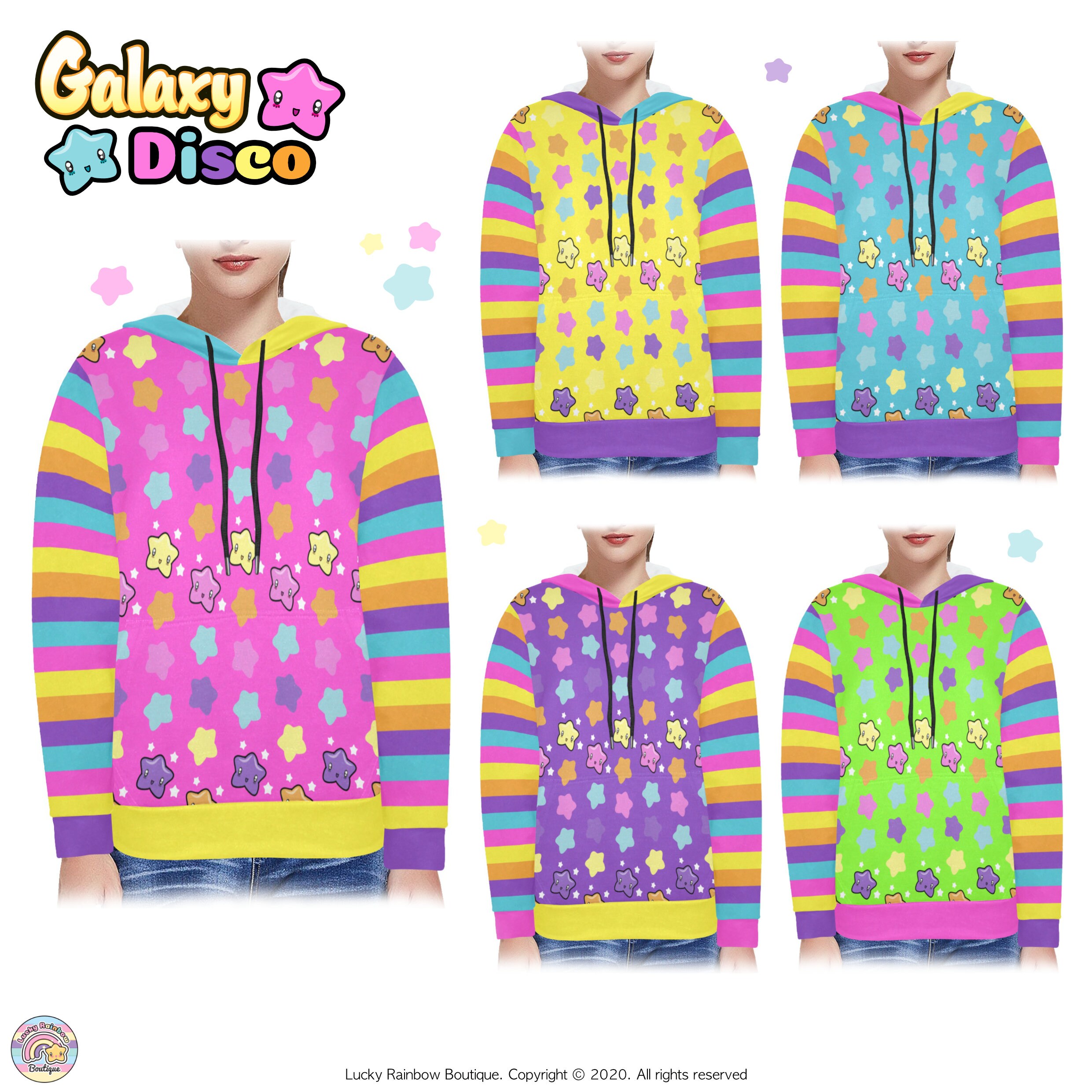 Bright Green All Over Star Hoodie, Kidcore Clothes, Rainbow