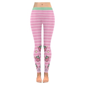 Legging met aardbeiprint Kawaii-kleding, roze legging, gestreepte legging, panty Fairy Kei, harajuku-broek, JumeKawaii, J-fashion