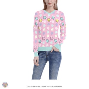 Pastel Pink V Neck Knitted Sweater, Kawaii Sweatshirt with Pastel Mint Neckline, Sleeve and Waist Cuffs