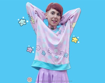 Pastel Pink Star Knitted Sweater, Kawaii Clothes, All over Print Sweatshirt, Rainbow Stars Jumper, Anime Shirt, Fairy Kei Clothing