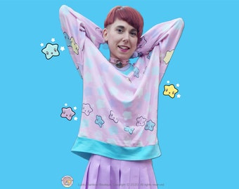 Pink Star Knitted Sweater, Kawaii Clothes, Starry Sweatshirt, Pastel Goth Shirt, Trendy Christmas Sweater Women, Fairy Kei Clothing