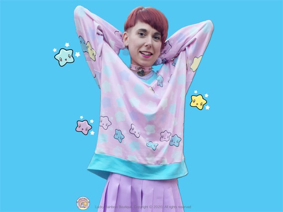 Pink Star Knitted Sweater, Kawaii Clothes, Starry Sweatshirt, Pastel Goth Shirt, Trendy Christmas Sweater Women, Fairy Kei Clothing