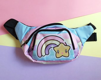 Pastel Rainbow Bum Bag, Kawaii Bag, Star and Rainbows Fanny Pack, Adjustable Strap Waist Bag Belt, Summer festival Bags, Fairy Kei