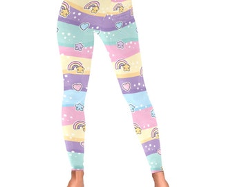 Leggings arcoíris ondulados pastel, leggings Kawaii, ropa de los años 80, leggings de rayas y estrellas, pantalones Harajuku, ropa estética suave para niñas