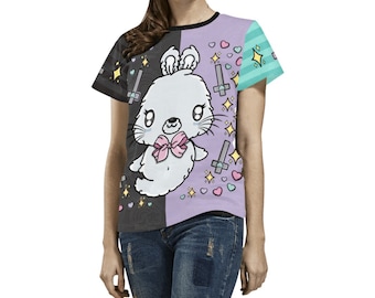 Ghost Bunny Rabbit TShirt, Kawaii Clothing, Pastel Goth Shirt, Hearts and Crosses Short Sleeve Tee, Cartoon Animal T-shirt, Summer Tops