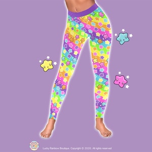 Rainbow Stars and Stripes Leggings, Decora Kei Clothing, Harajuku Pants, Festival Outfit, Kidcore Clothes, 80s Leggings, Kawaii Fashion