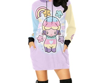 Pastel Rainbow Llama Oversized Hoodie, Kawaii Clothes, Fairy Kei Sweater, Alpaca and Star Jumper, Harajuku Sweatshirt, 80s Clothing