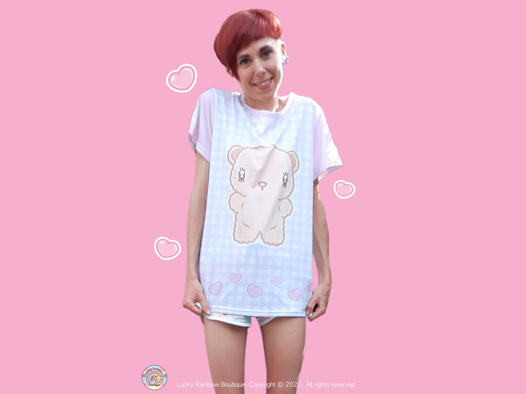 SemenCoicis - Kawaii Denim Shirt Plaid Lace Pudding Bear
