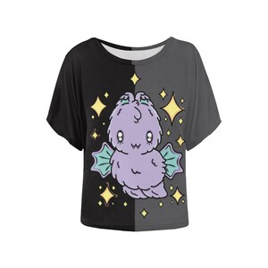 Kawaii Halloween Tshirt with a Fluffy Purple Bat and Stars design.