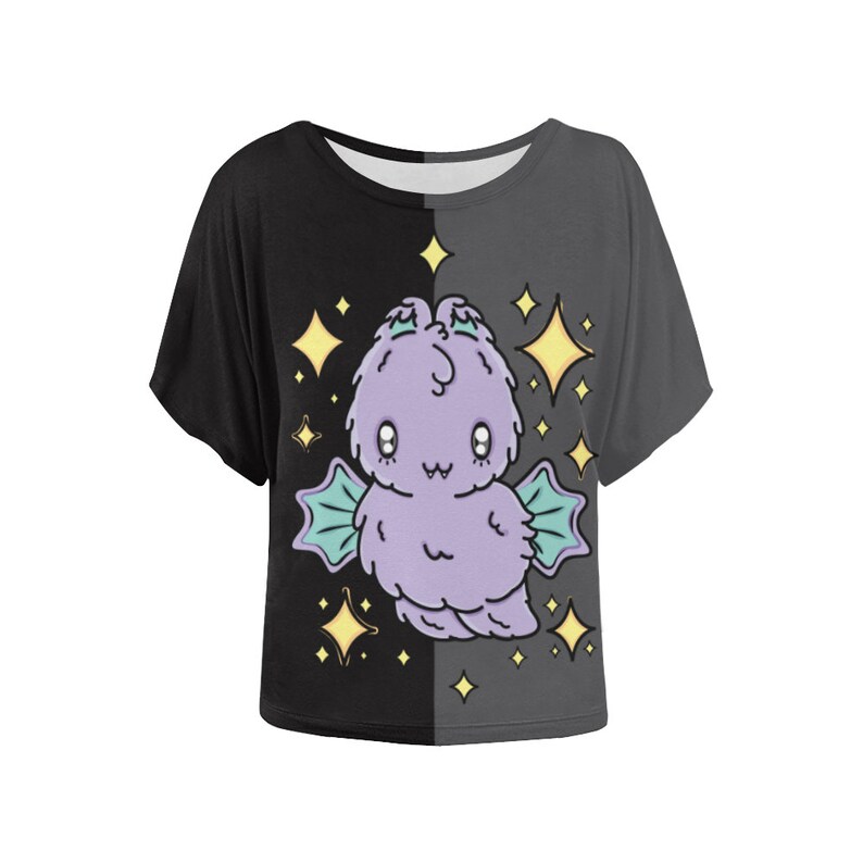 Kawaii Halloween Tshirt with a Fluffy Purple Bat and Stars design.