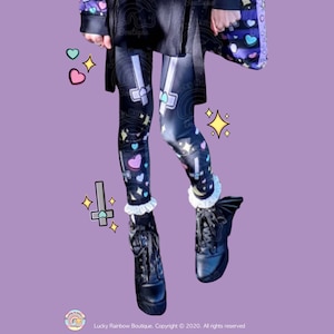 Heart and Cross Leggings, Yami Kawaii Clothes, Pastel Goth Leggings, Halloween Leggings, Black Leggings, Creepy Cute Leggings, Decora Kei