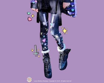Heart and Cross Leggings, Yami Kawaii Clothes, Pastel Goth Leggings, Halloween Leggings, Black Leggings, Creepy Cute Leggings, Decora Kei