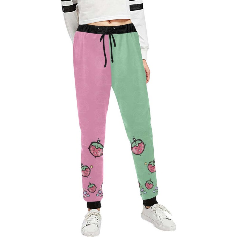 Strawberry Joggers, Half and Half Pants in Pink and Green, Unisex Jogger Pants.