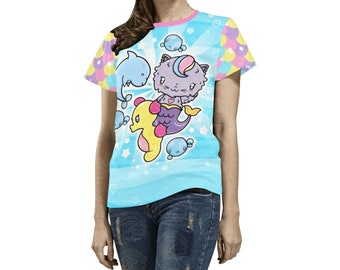 Camiseta de gato sirena y delfín, ropa Kawaii, top con estampado de animales oceánicos, camisa Harajuku arcoíris pastel, ropa para niños, tops de verano