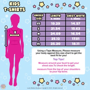May include: A size chart for kids' t-shirts with measurements in inches for chest width and length. The chart includes sizes XS, S, M, L, and XL.