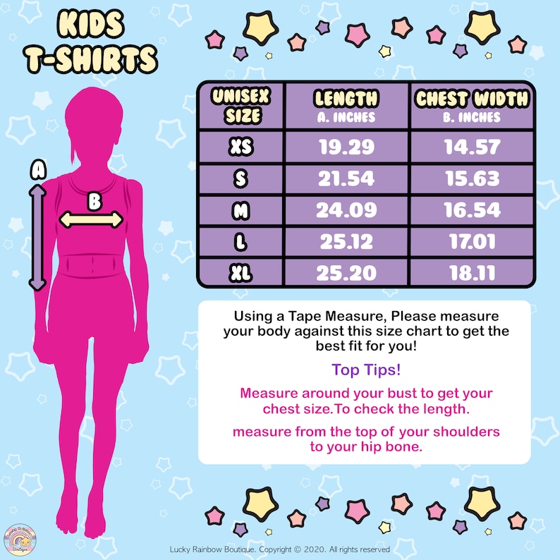 May include: A size chart for kids' t-shirts with measurements in inches for chest width and length. The chart includes sizes XS, S, M, L, and XL.