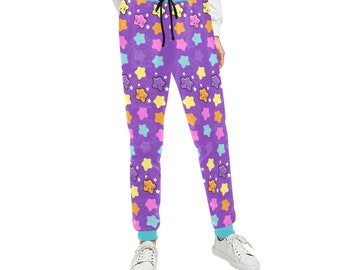 Purple Star Jogger Pants, Rainbow Stars Sweatpants, 90’s Tracksuit Bottoms, Cute Sportswear, Harajuku Streetwear, Kawaii Clothes