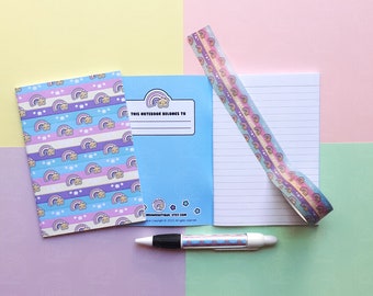 Kawaii Rainbow Notebook Stationery Set, Rainbow Washi Tape, Star Print Note Journal lined A6, Rainbow Pen Black Ink, Birthday Gift