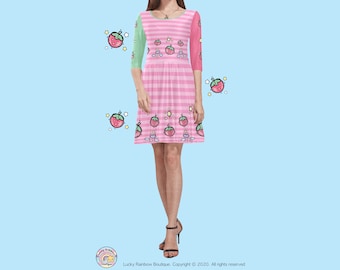 Pink Strawberry Skater Dress, Kawaii Clothes, Summer Dresses for Women, Y2K Dress Short, Stars and Stripes Skirt, Fairy Kei Harajuku Fashion