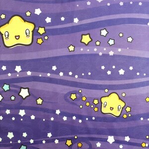 May include: Purple fabric with a repeating pattern of yellow stars with smiling faces and white stars. The background is a dark purple with wavy lines.