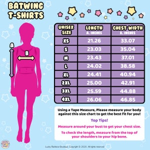 May include: A size chart for batwing t-shirts with a pink illustration of a person wearing a t-shirt. The chart shows unisex sizes, length in inches, and chest width in inches.