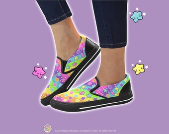 Kids Rainbow Slip On Canvas Shoes, Kawaii Clothing, Cute Star Trainers, Stars and Rainbows Sneakers, Christmas Gifts for Kids