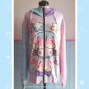 Sudadera con capucha y cremallera con diseño de llama arcoíris pastel, ropa kawaii, linda sudadera de alpaca, suéter Fairy Kei, chándal estilo años 80, Yume Kawaii