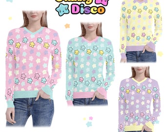 Pastel Rainbow Stars Knit Sweater, V Neck Spring Jumper, Kawaii Clothes, All Over Stars Print Sweatshirt, Fairy Kei, Pastel Goth Clothing