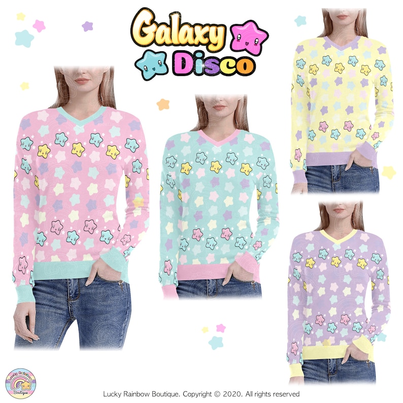 Pastel Stars V-Neck Knitted Sweatshirt, Yumi Kawaii Sweater. 4 Colour ways to choose from.