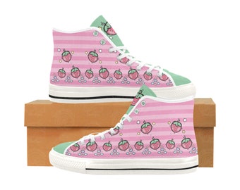 Zapatillas altas de fresa, zapatillas deportivas a rayas rosa pastel, lindas botas con cordones, ropa Harajuku, atuendos kawaii, zapatos casuales para estudiantes